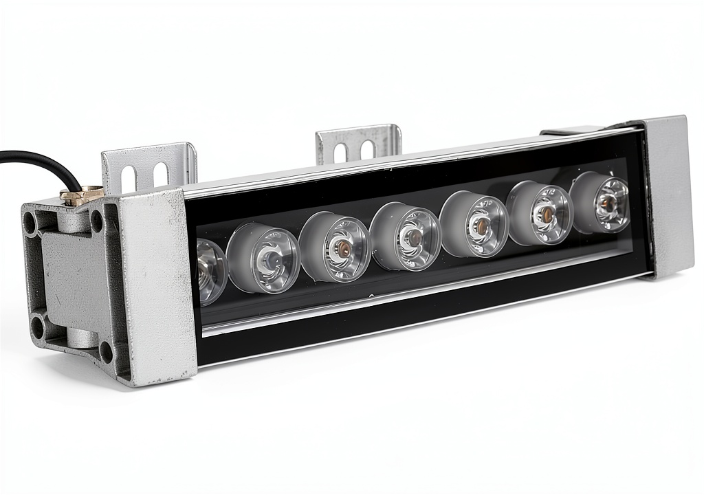 Psytfei LED work light showing aluminum body and green illumination on a machine surface